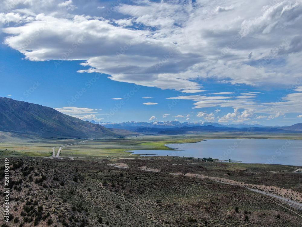 Aerial view of Lake Crowley over the mountain during blue summer day. Mono County, California, USA Aerial view of Lake Crowley over the mountain during blue summer day. Mono County, California, USA