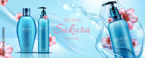 Sakura cosmetics bottles mockup banner, face care beauty cosmetic product pump tubes on blue background with bloom cherry flowers and water splash advertising template Realistic 3d vector illustration