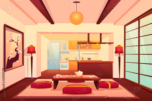 Kitchen in asian style, chinese, japanese, eastern room interior with cooking appliances, refrigerator, low table with food, drinks and seats around, traditional hotel. Cartoon vector illustration