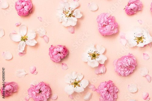 Flat lay spring summer flowers pink