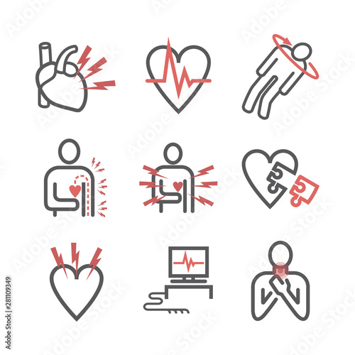 Heart Attack line icons. Symptoms, Treatment. Vector signs for web graphics.