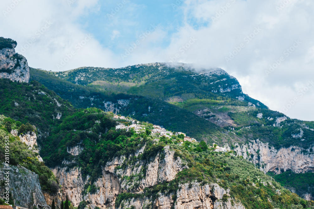 Lovely View from the Cliffside Village Positano, province of Salerno, the region of Campania, Amalfi Coast, Costiera Amalfitana, Italy