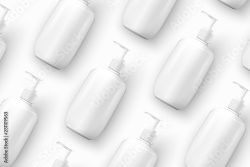 Vector template - realistic cosmetics shampoo bottles on table, mockup for your package design