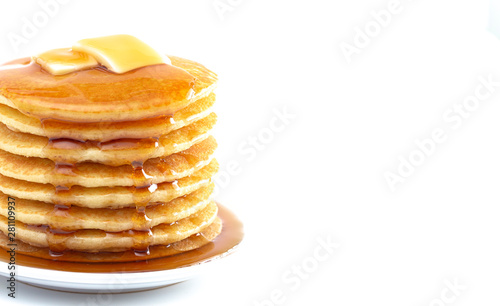 Stack of Freshly Made Pancakes with Syrup and Butter Isoalted on a White Background