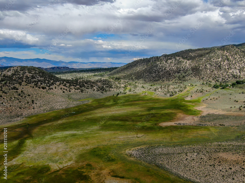 Aerial top view of green land and mountain in the background in Aspen Springs, Mono County California, USA