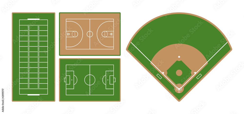 Set of american football, basketball, european football (soccer) and  baseball sport fields. Flat design. Vector illustration. Stock Vector |  Adobe Stock