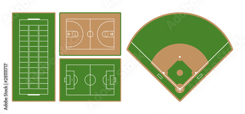 Set of american football, basketball, european football (soccer) and baseball sport fields. Flat design. Vector illustration.