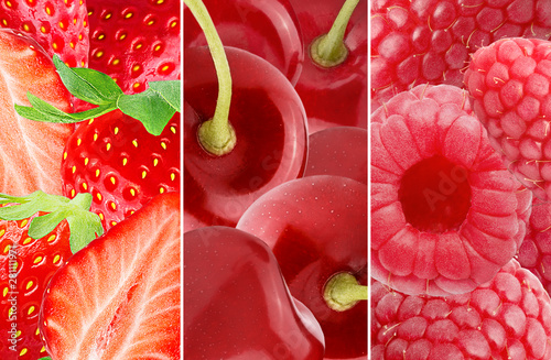 Collage from different type of organic red berryes fruits photo