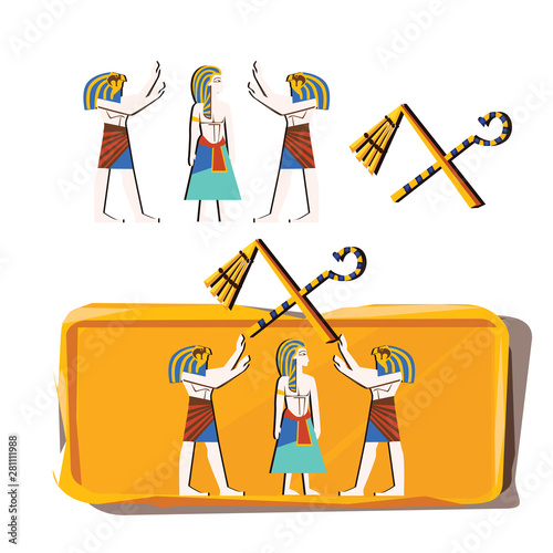 Stone board or clay tablet and Egyptian figures cartoons vector illustration. Wall art or mural element, monumental painting gods and human figures, sun god with bird head and pharaoh in nemes hat