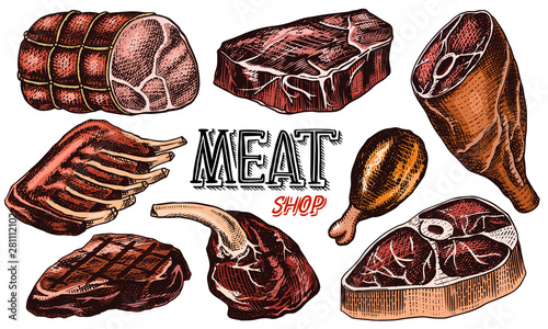 Beef meat, pork steak, chicken leg, meatloaf, bacon and ribs. Barbecue food in vintage style. Templates for restaurant menu, emblems or badges. Hand drawn sketch. © artbalitskiy