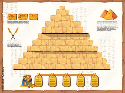 Ancient Egypt time line vector cartoon infographics. Cross section pyramid interior with walls of stone or sand blocks. Pharaoh empty tomb, graphic user interface for game design