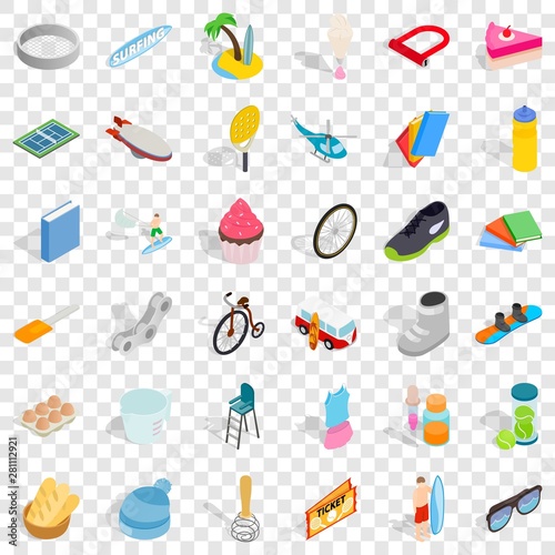 Surfing icons set. Isometric style of 36 surfing vector icons for web for any design
