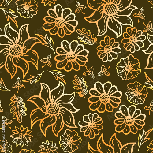 Floral seamless pattern with hand drawn roses. Bright flowers on dark brown background.