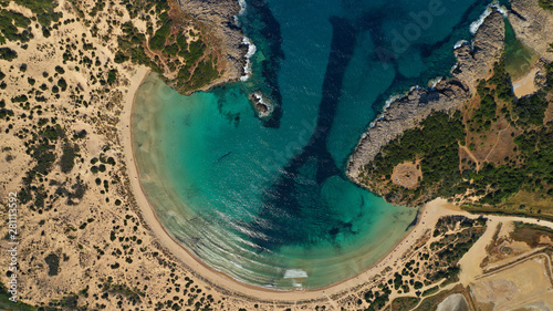 Aerial drone photo of iconic round shaped exotic sandy beach of Voidokoilia in the heart of Messinia, Gialova, Peloponnese, Greece