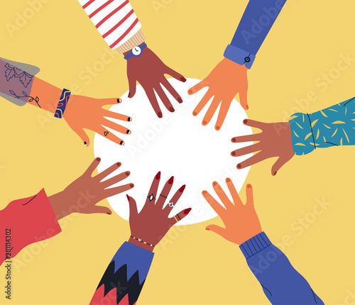 Diverse young people hands on isolated background. Teenager hand group round celebration or friend community concept. Flat cartoon illustration of men and women arms.