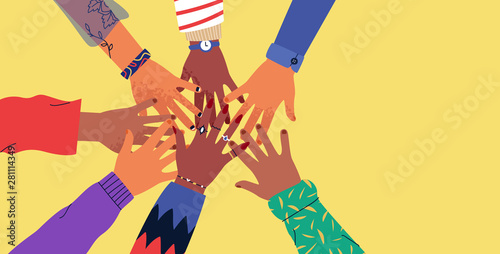 Diverse young people hands on isolated background. Teenager hand group high five celebration or friend community concept. Flat cartoon illustration of men and women arms.
