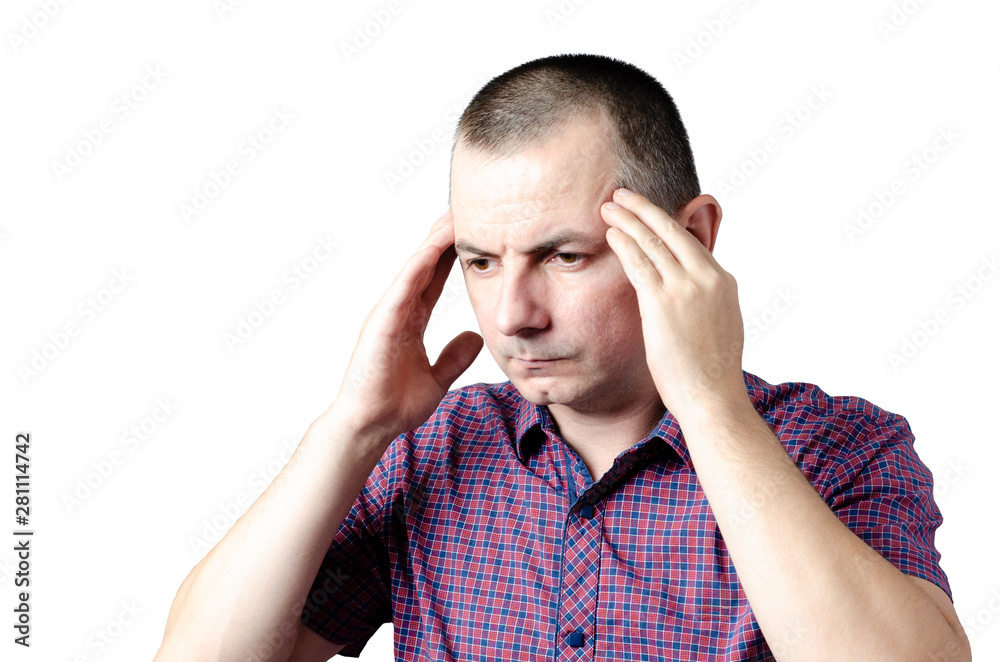 Headache caused by a cold. A man holds his head with both hands Headache caused by a cold. A man holds his head with both hands