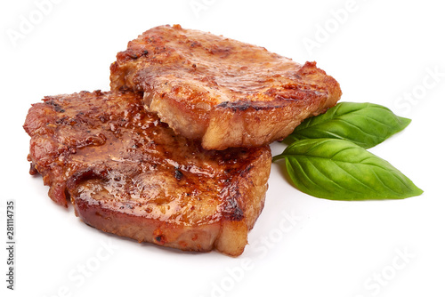 Fried juicy pork steak, isolated on white background