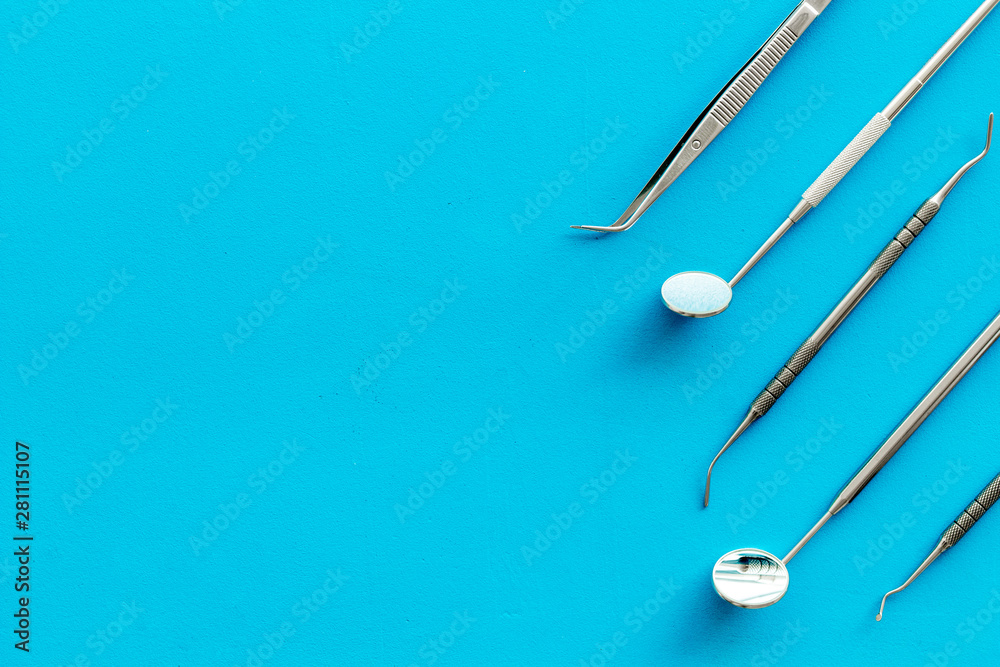 dentist desk with instruments on blue background top view mockup dentist desk with instruments on blue background top view mockup