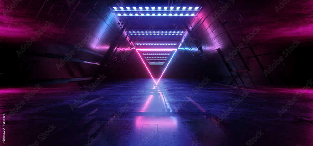 Sci Fi Futuristic  Technology Schematic Motherboard Matrix Chip Reflective Gate Portal Neon Glowing Triangle Laser Blue Purple Vibrant Tunnel Corridor Background 3D Rendering