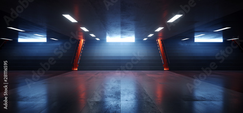 Fototapeta Naklejka Na Ścianę i Meble -  Sci Fi Retro Dark Empty Underground Tunnel Corridor Stairs Signs Lights White Blue Orange Empty Reflective Grunge Concrete Modern 3D Rendering