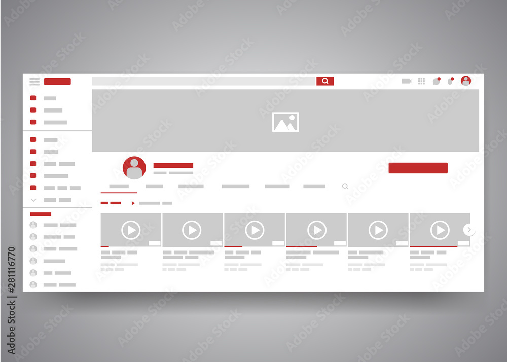 Web browser youtube video channel user interface page with search field and video list. Video player web site interface mock up. Vector web page template - obrazy, fototapety, plakaty 