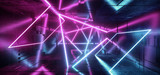 Neon Glowing Laser Beam Sci Fi Future Modern Portal Gate Virtual Cyber Vibrant Triangle Rectangle Abstract Shaped Tunnel Corridor Metal Chip Reflective Texture Background 3D Rendering