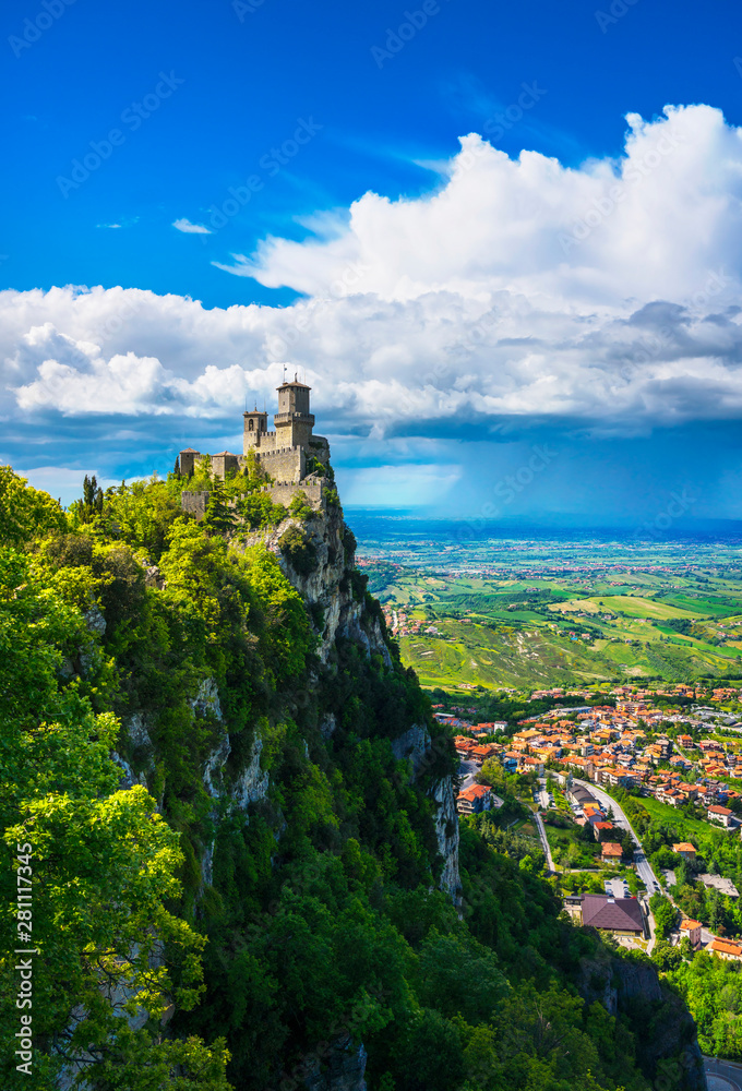 San Marino, medieval tower on a rocky cliff and panoramic view of Romagna