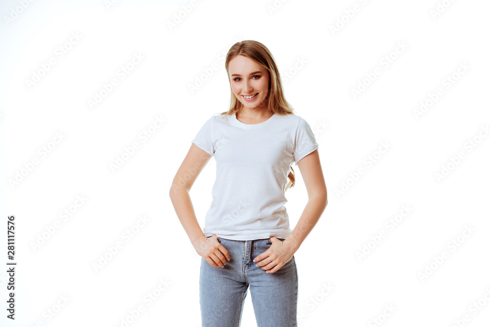 Young woman showing smile, in casual smart clothing, isolated against white background. Young woman showing smile, in casual smart clothing, isolated against white background.