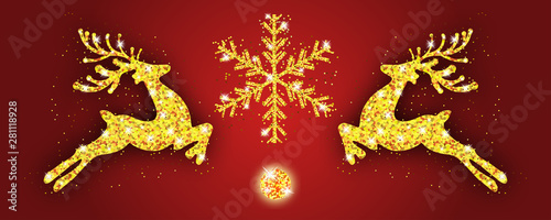 Christmas pattern gold deer and snowflake. Xmas decoration with reindeer. Happy New Year red background. Template for greeting card  banner or poster. Vector