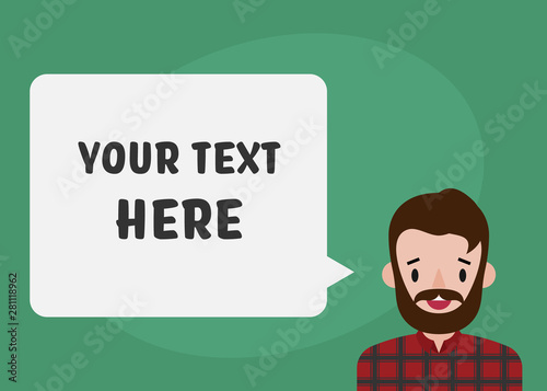 Smiling flat style bearded man character with speech bubble for custom message © dude75