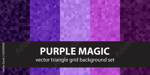 Triangle pattern set Purple Magic. Vector seamless geometric backgrounds