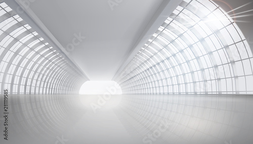 A large long hall with lots of windows. Empty space. Vector illustration.