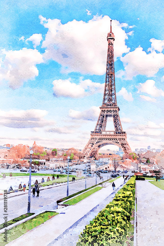 Beautiful Digital Watercolor Painting of the Eiffel Tower in Paris, France.