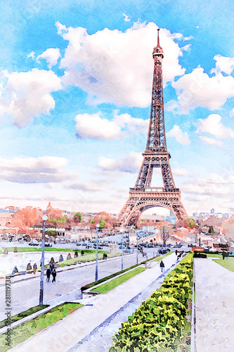 Beautiful Digital Watercolor Painting of the Eiffel Tower in Paris, France. © Augustin Lazaroiu