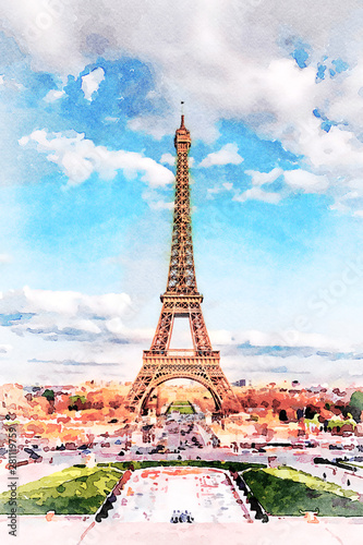 Beautiful Digital Watercolor Painting of the Eiffel Tower in Paris, France.