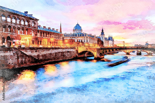 Photography Beautiful Digital Watercolor Painting of the Seine river at sunset in Paris, France