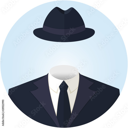 Anonymous or invisible man in a suit and in a hat. Flat style vector round avatar illustration icon isolated on white.
