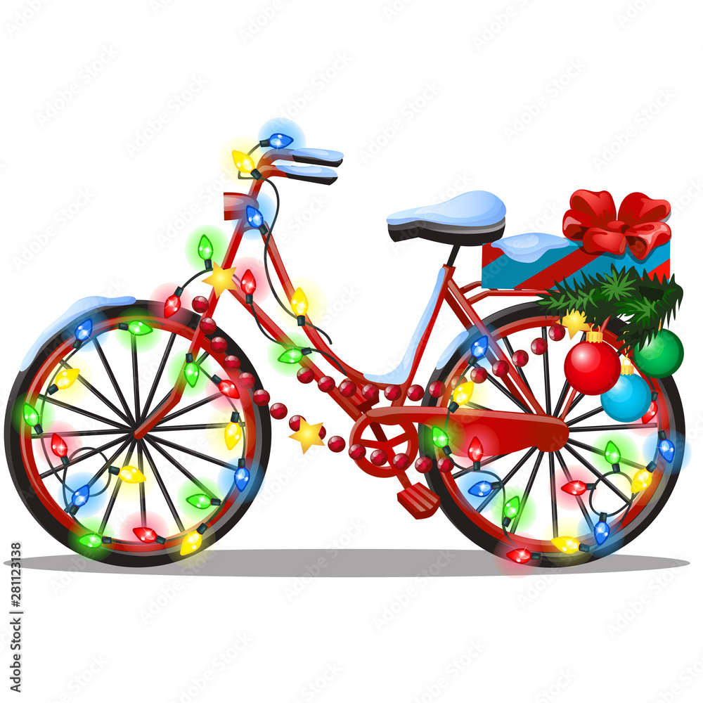 Fototapeta premium Vintage bicycle decorated in Christmas and New year style isolated on white background. Sample of poster, party holiday invitation, festive card. Vector cartoon close-up illustration.