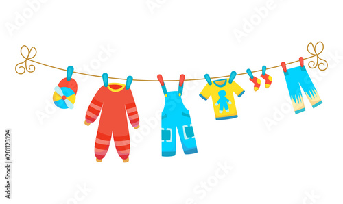Various items of baby clothes on rope isolated vector illustration on white background. Laundry held by plastic pegs drying.