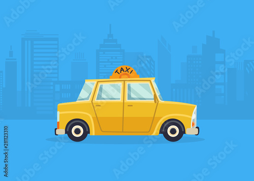 Cars on the city panorama. Taxi service. Yellow taxi cab. Taxi application, city silhouette with skyscrapers and towers.