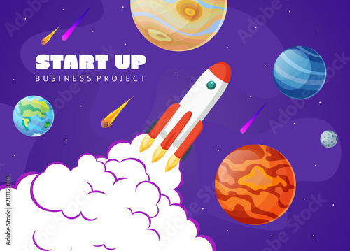 Start up concept space background with rocket and planets. Web design. Space exploring vector illustration.