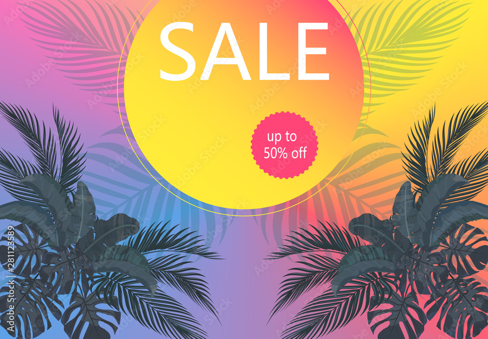 Obraz premium Flyer on sale. Leaves of tropical palm trees in pastel colors. Monstera, agave, banana. illustration