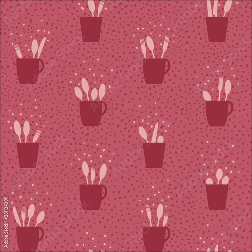 Forks, spoons and knives in a cup, hand drawn dots in the background. Seamless pattern. Easy to edit colors in Illustrator.