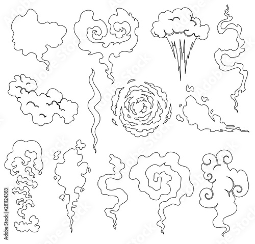 Cartoon smoke and dust clouds. Comic puff and steam vector set. Comic white stench aroma or smell illustration.