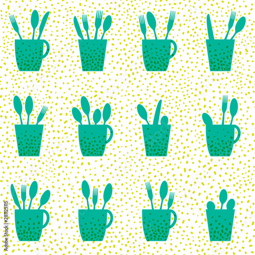 Forks, spoons and knives in a cup, hand drawn dots in the background. Seamless pattern, transparent background. Easy to edit colors in Illustrator.