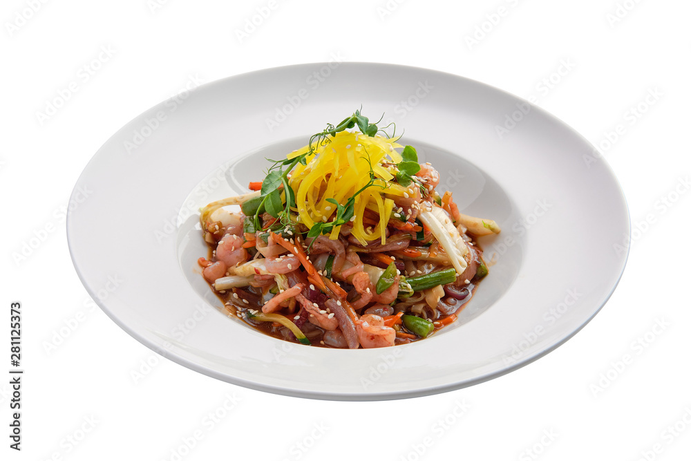 Wok with shrimps and green beans isolated on white Wok with shrimps and green beans isolated on white