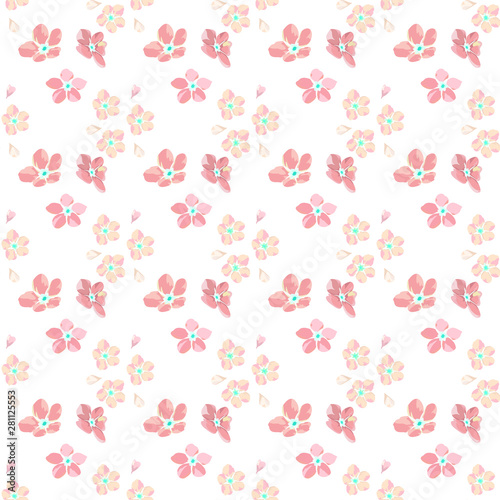 gentle little flowers and petals flying aside the botanical pattern of small colored wildflowers