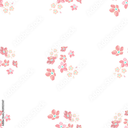 gentle little flowers and petals flying aside the botanical pattern of small colored wildflowers
