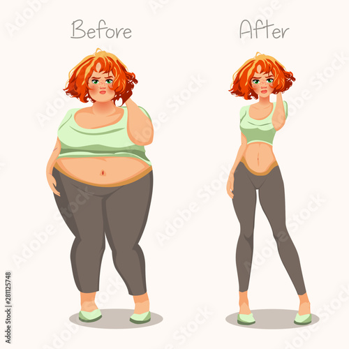 Fat and skinny girls. Concept of weight. Before and after. Vector illustration.